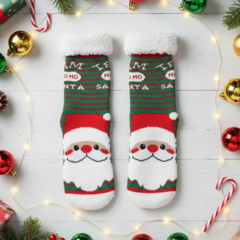 Cozy Christmas Santa Sherpa Lined Non Slip Holiday Socks Red Green Loungewear